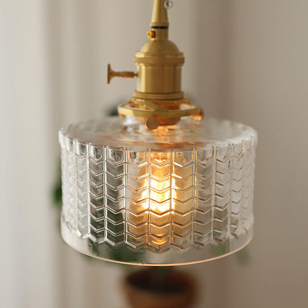 Contemporary Nordic Brass Iron Glass Clear Round Drum Copper 1-Light Pendant Light For Living Room & Bedroom Lumendat