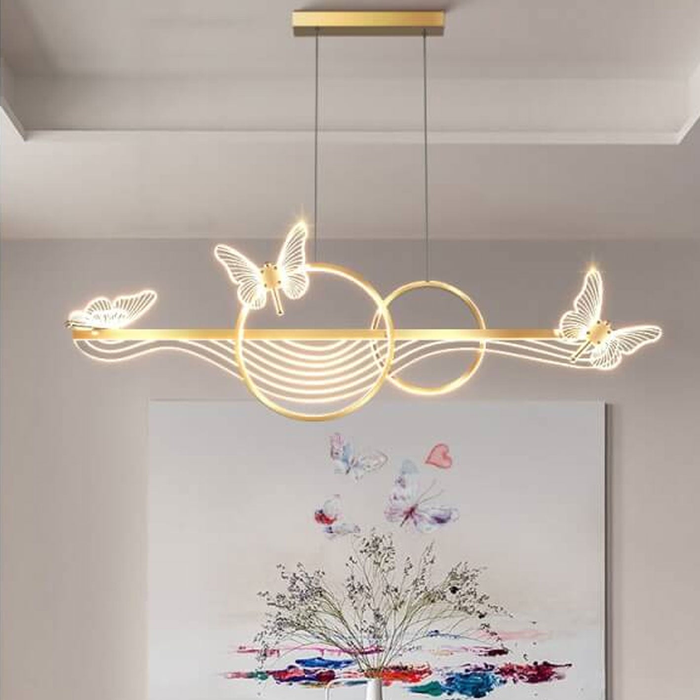 Nordic Light Luxury Butterfly Round Linear Island Light LED Chandelier BulbSquare