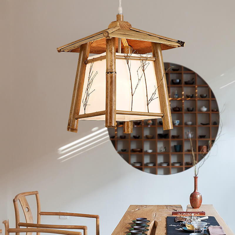 Japanese Rustic Vintage Bamboo Weaving 1-light Pendant Light BulbSquare