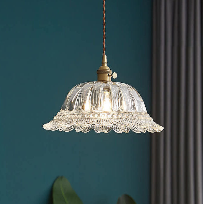 Contemporary Nordic Floral Glass Brass 1-Light Pendant Light For Living Room & Bedroom