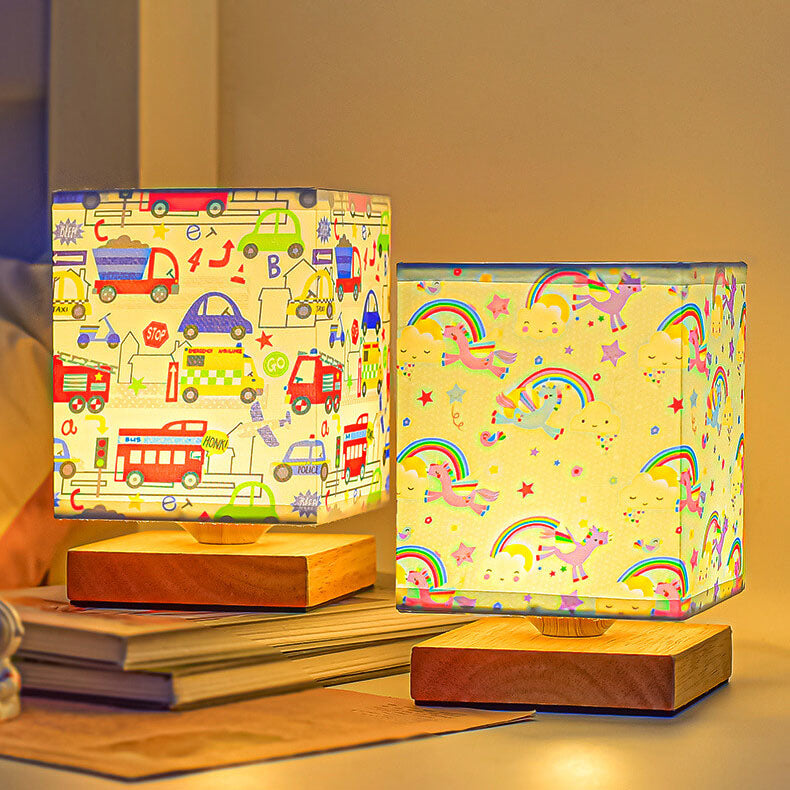 Lumendat Contemporary Creative Kids Rectangular Solid Wood Fabric LED Table Lamp For Bedroom Lumendat