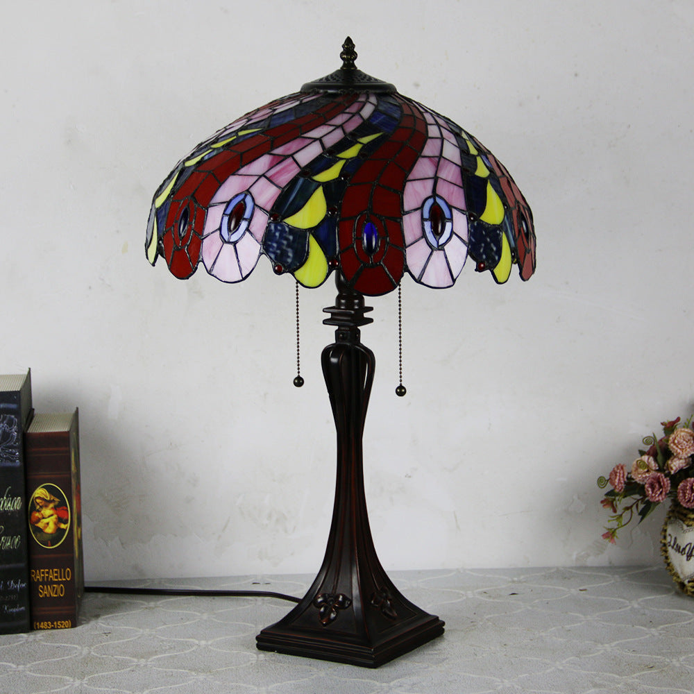 Tiffany Mediterranean Stained Glass Cone Pull Cord 2-Light Table Lamp Lumendat