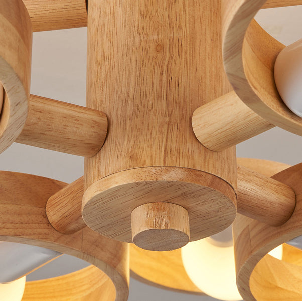 Contemporary Nordic Round Rotatable Rubber Wood 3/5 Light Semi-flush Mount Ceiling Light for Living Room