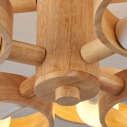 Contemporary Nordic Round Rotatable Rubber Wood 3/5 Light Semi-flush Mount Ceiling Light for Living Room