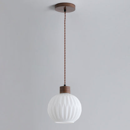 Traditional Japanese Walnut Glass Ball Round Bottle Ribbed 1-light Pendant Light for Dining Room