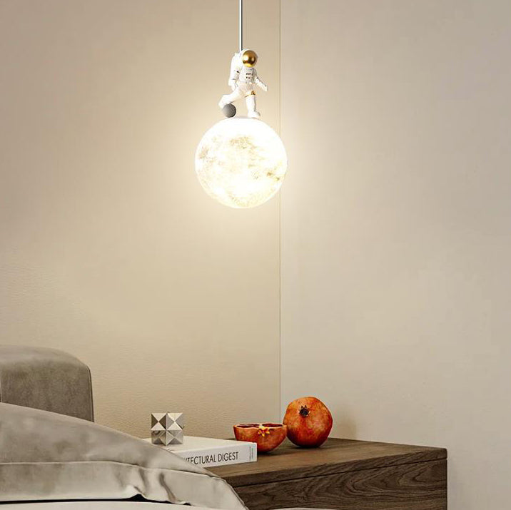 Modern Minimalist Astronaut Moon Iron Resin LED Pendant Light for Bedroom BulbSquare