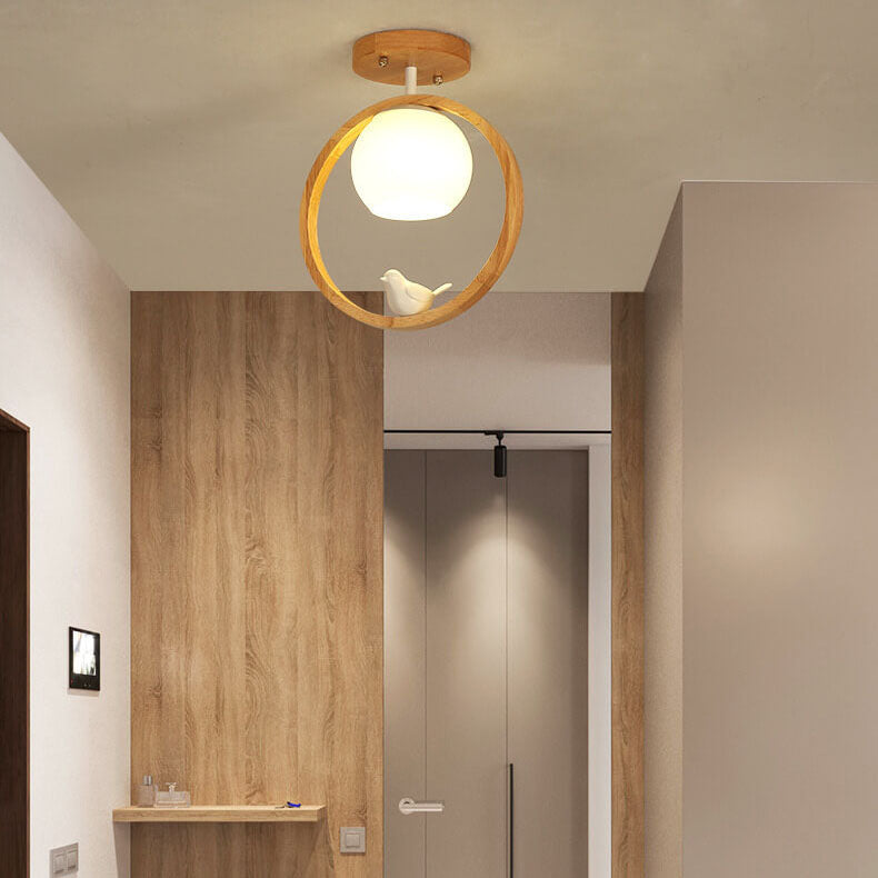 Modern Japanese Minimalist Log Bird Round 1-Light Semi-Flush Mount Ceiling Light Lumendat