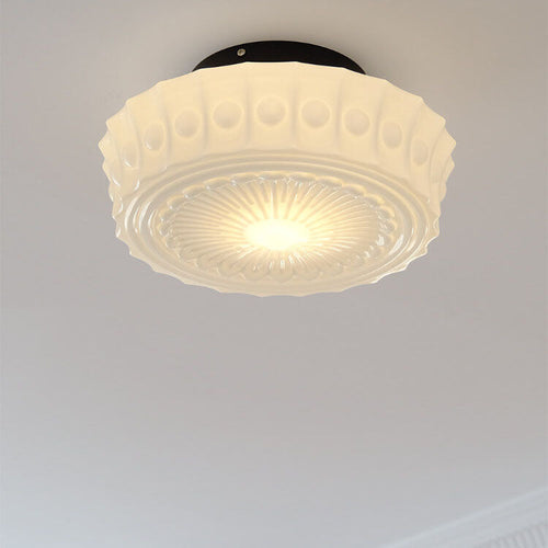 Traditional French Iron Glass Stripes Round Drum LED Semi-Flush Mount Ceiling Light For Living Room & Bedroom