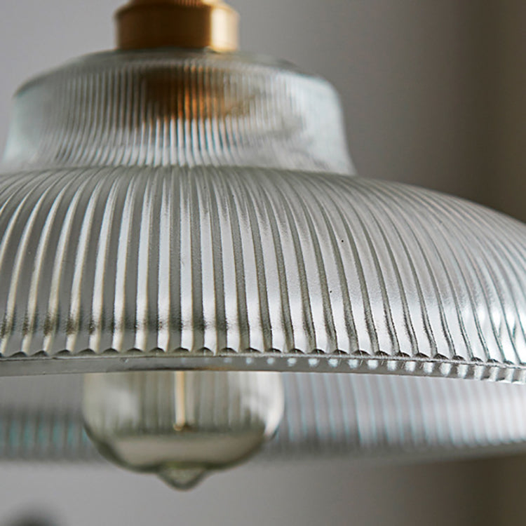 Traditional Vintage Ribbed Glass Disc Shade Brass 1-light Pendant for Living Room