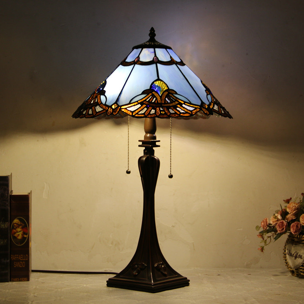 Tiffany Mediterranean Stained Glass Cone Pull Cord 2-Light Table Lamp Lumendat