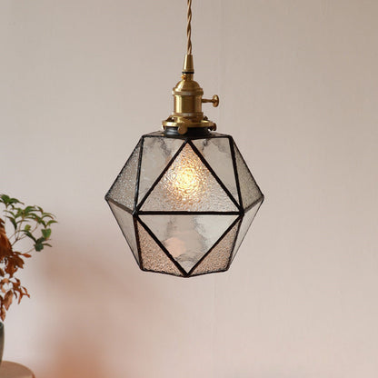 Traditional Vintage Polygonal Brass Stained Glass 1-light Pendant Light for Living Room
