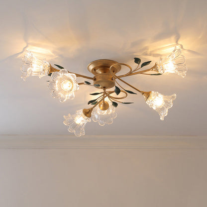 Traditional European Floral Iron Glass 6/8/10 Light Semi-flush Mount Ceiling Light for Bedroom