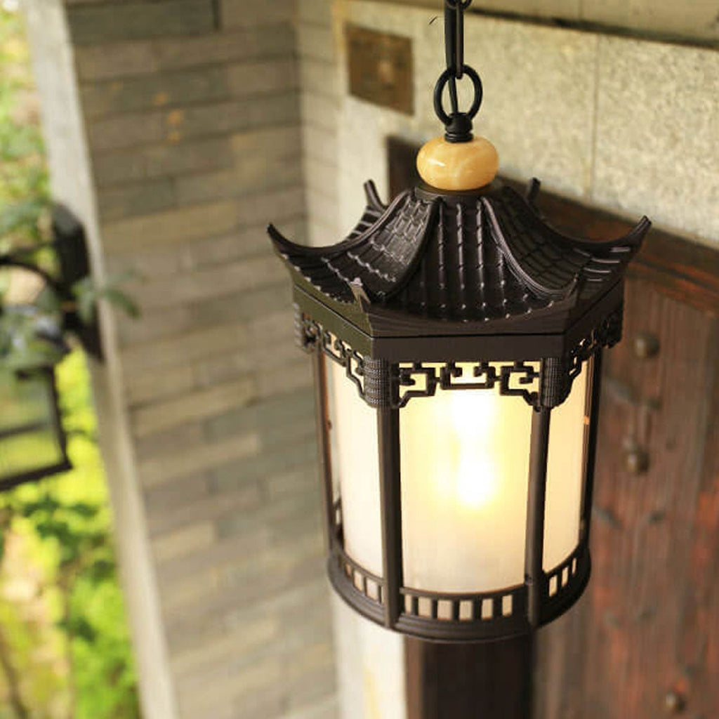 Retro Chinese Outdoor Waterproof Hexagonal Lantern 1-light Patio Pendant Light BulbSquare