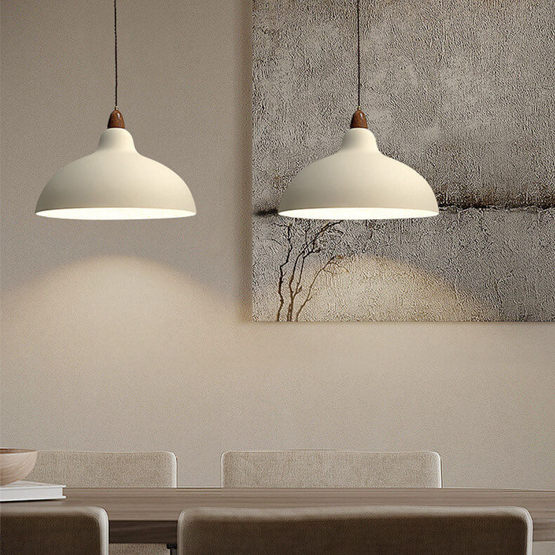 Japanese Simple Iron Dome Solid Wood Top 1-light Pendant Light BulbSquare
