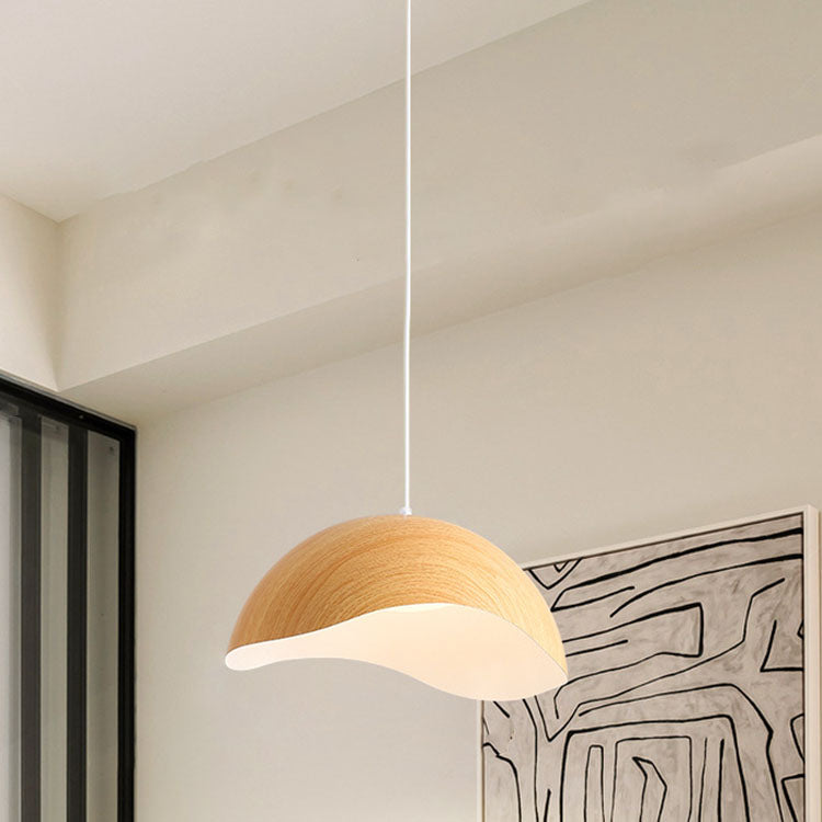 Contemporary Scandinavian Wood Grain Iron Dome Wave LED Pendant Light for Dining Room