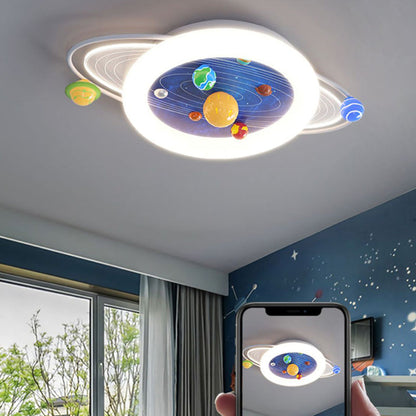 Modern Minimalist Children Round Planet Iron Resin Acrylic LED Flush Mount Ceiling Light for Bedroom