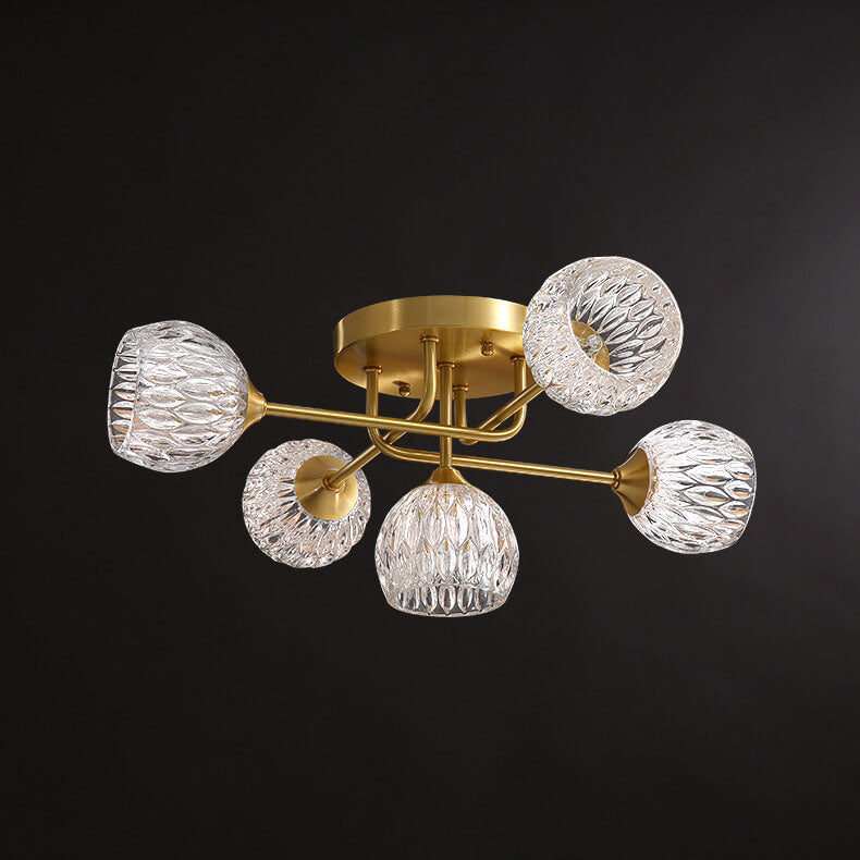 Mid-century Modern Round Copper Crystal Glass 5-light Semi-flush Mount Ceiling Light