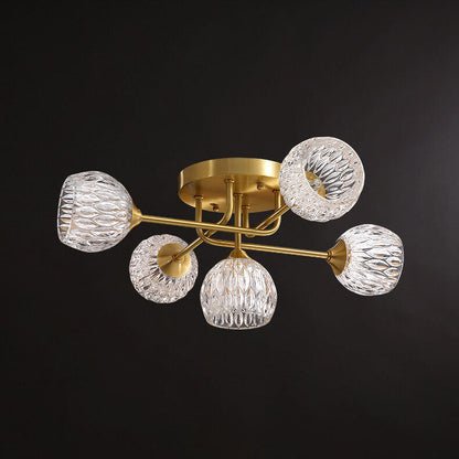 Mid-century Modern Round Copper Crystal Glass 5-light Semi-flush Mount Ceiling Light