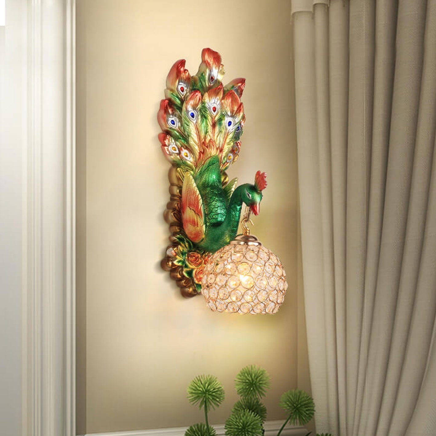European Creative Peacock Resin Glass Shade 1-Light Wall Sconce Lamp Lumendat