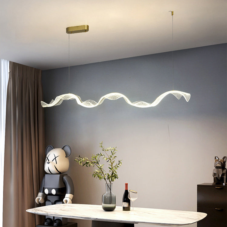 Contemporary Creative Rectangle Wave Ribbon Metal Acrylic LED Island Light Chandelier for Dining Room