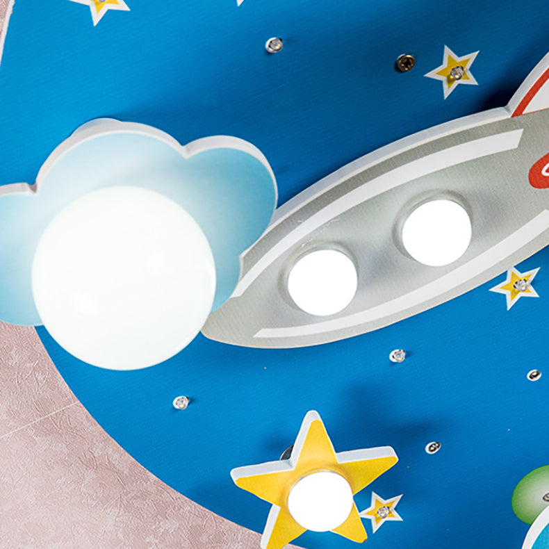 Lumendat Modern Art Deco Kids Wood Plastic Round Rocket Starry Sky LED Flush Mount Ceiling Light For Bedroom Lumendat