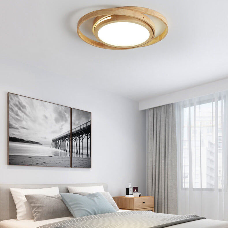 Minimalist Log Wooden Circle Ring LED Flush Mount Ceiling Light BulbSquare