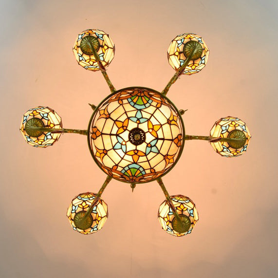 Traditional Tiffany Bead Dome Baroque Iron Glass Alloy 8/11 Light Chandeliers for Living Room