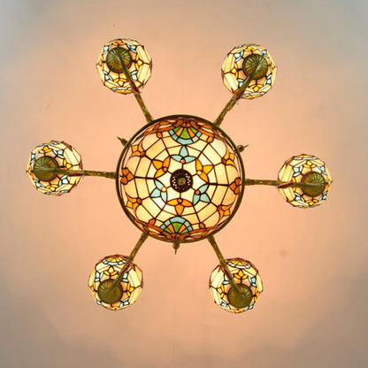 Traditional Tiffany Bead Dome Baroque Iron Glass Alloy 8/11 Light Chandeliers for Living Room