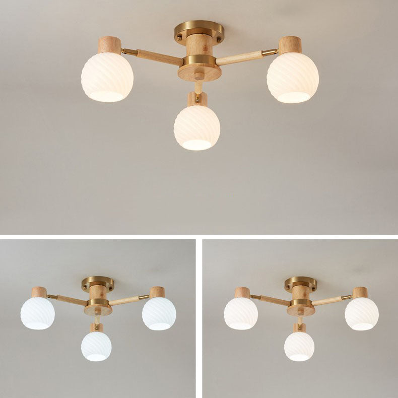 Traditional Japanese Wabi-sabi Rubberwood Hardware Glass 3/6/8-Light Flush Mount Lighting For Living Room Lumendat