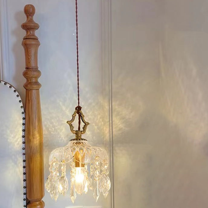 Modern Art Deco Brass Checkered Glass Shade Crystal Beads 1-light Pendant Light for Living Room