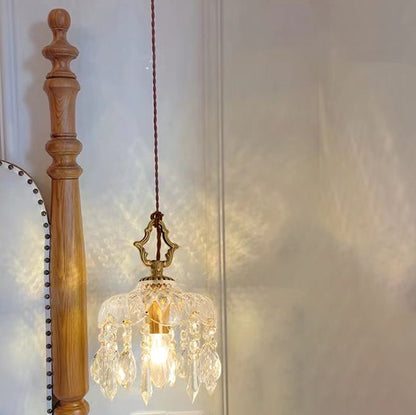 Modern Art Deco Brass Checkered Glass Shade Crystal Beads 1-light Pendant Light for Living Room