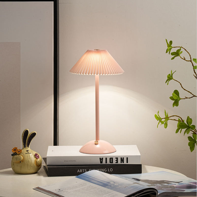 Contemporary Scandinavian Rechargeable Iron Fabric Conic Pleated 1-Light Table Lamp For Bedside Lumendat