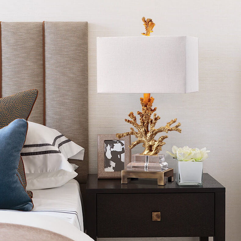 Modern Art Deco Linen Resin Crystal Coral Base 1-Light Table Lamp For Bedroom Lumendat
