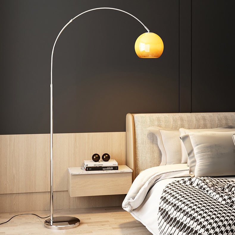 Contemporary Scandinavian Glass Round Shade Fishing Rod Iron 1-Light Standing Floor Lamp For Living Room Lumendat
