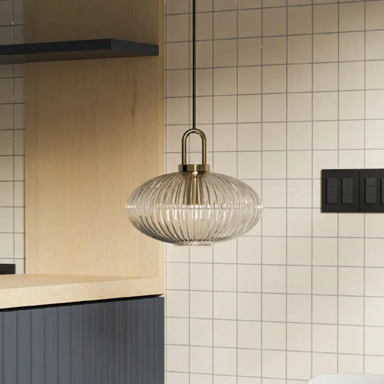 Contemporary Nordic Round Oval Pumpkin Stainless Steel Striped Glass 1-light Pendant Light for Living Room BulbSquare