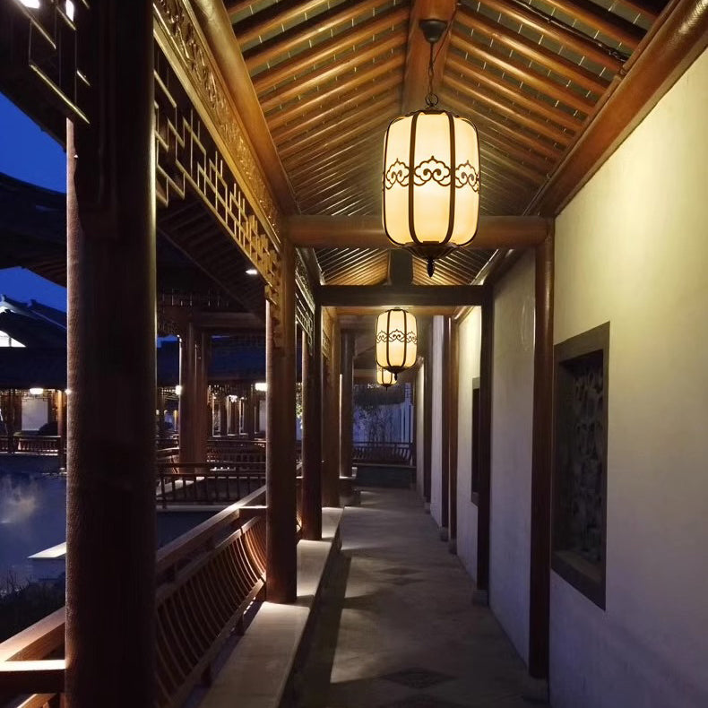 Traditional Chinese Imitation Marble Lantern Shade Aluminum 1-light Waterproof Pendant Light for Outdoor Patio
