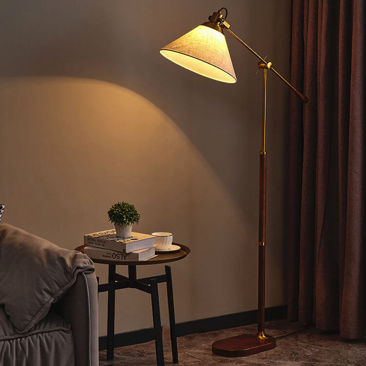 Traditional Vintage Fabric Cone Metal Ash Wood 1-Light Standing Floor Lamp For Bedroom Lumendat