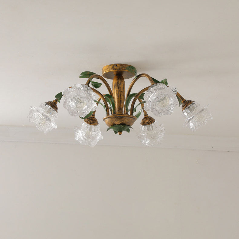 Traditional Rustic Floral Iron Glass 6/8/10 Light Semi-Flush Mount Ceiling Light For Living Room Lumendat