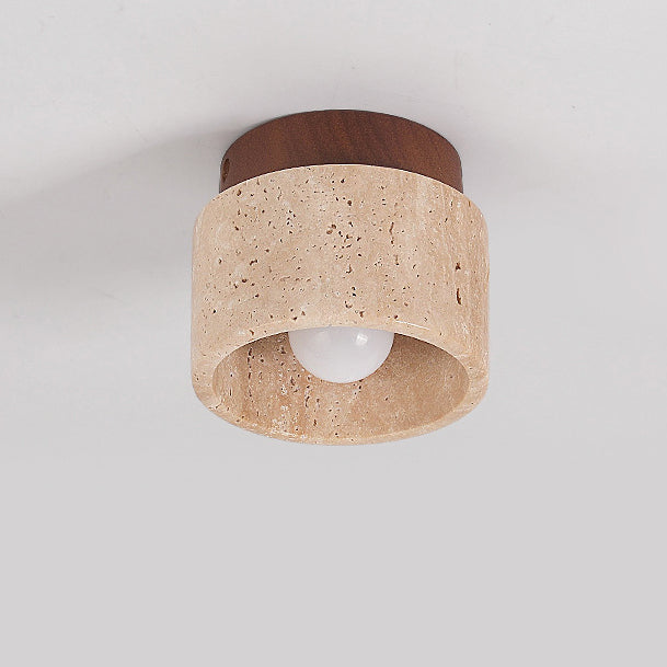 Japanese Wabi-Sabi Yellow Travertine Column Wood 1-Light Semi-Flush Mount Ceiling Light Lumendat