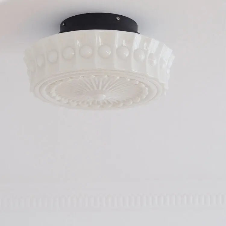 Traditional French Iron Glass Stripes Round Drum LED Semi-flush Mount Ceiling Light for Living Room & Bedroom Lumendat