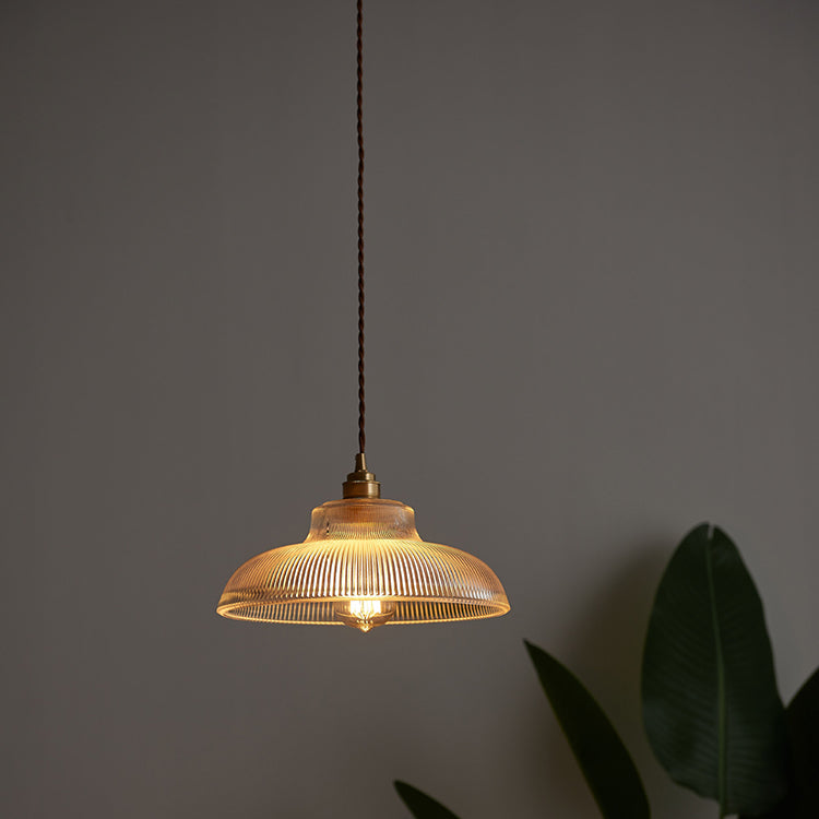 Traditional Vintage Ribbed Glass Disc Shade Brass 1-light Pendant for Living Room