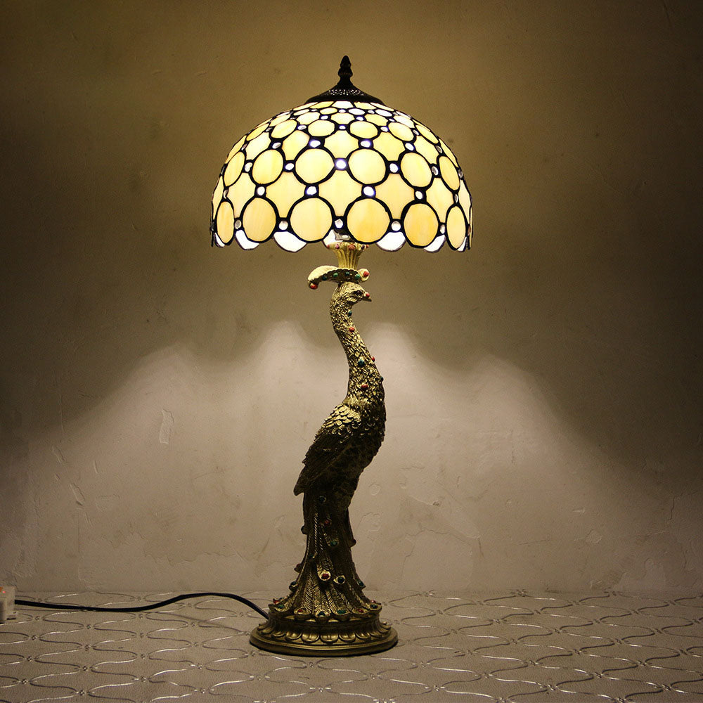 Vintage Tiffany Peacock Gem Dome Glass Resin 1-Light Table Lamp Lumendat