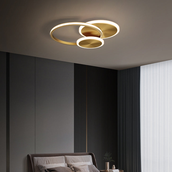 Modern Minimalist Triple Circle Full Copper Acrylic LED Flush Mount Ceiling Light for Bedroom
