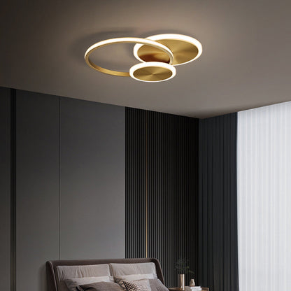 Modern Minimalist Triple Circle Full Copper Acrylic LED Flush Mount Ceiling Light for Bedroom