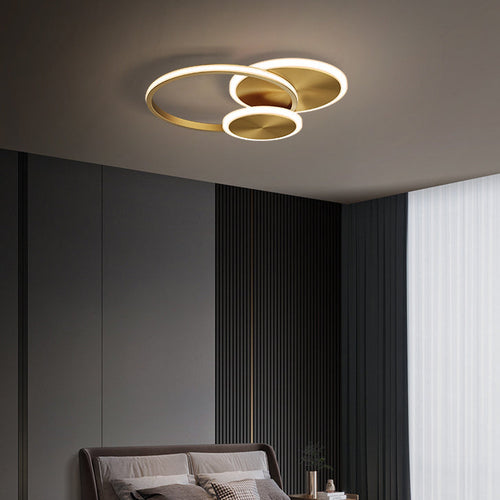 Modern Minimalist Triple Circle Full Copper Acrylic LED Flush Mount Ceiling Light for Bedroom