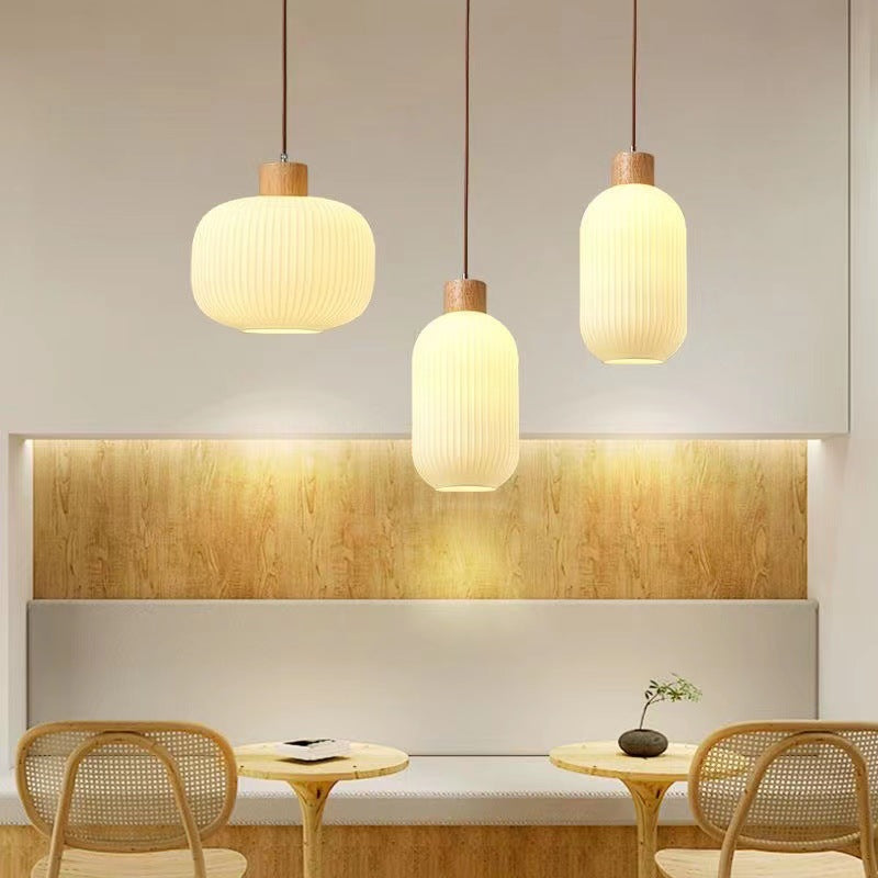 Traditional Japanese Log Solid Wood Strip Glass Jar 1/2/3 Light Island Pendant Light For Living Room Lumendat