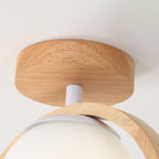 Traditional Japanese Wood Circle Ring Glass Ball Shade Bird 1-Light Semi-Flush Mount Ceiling Light For Living Room