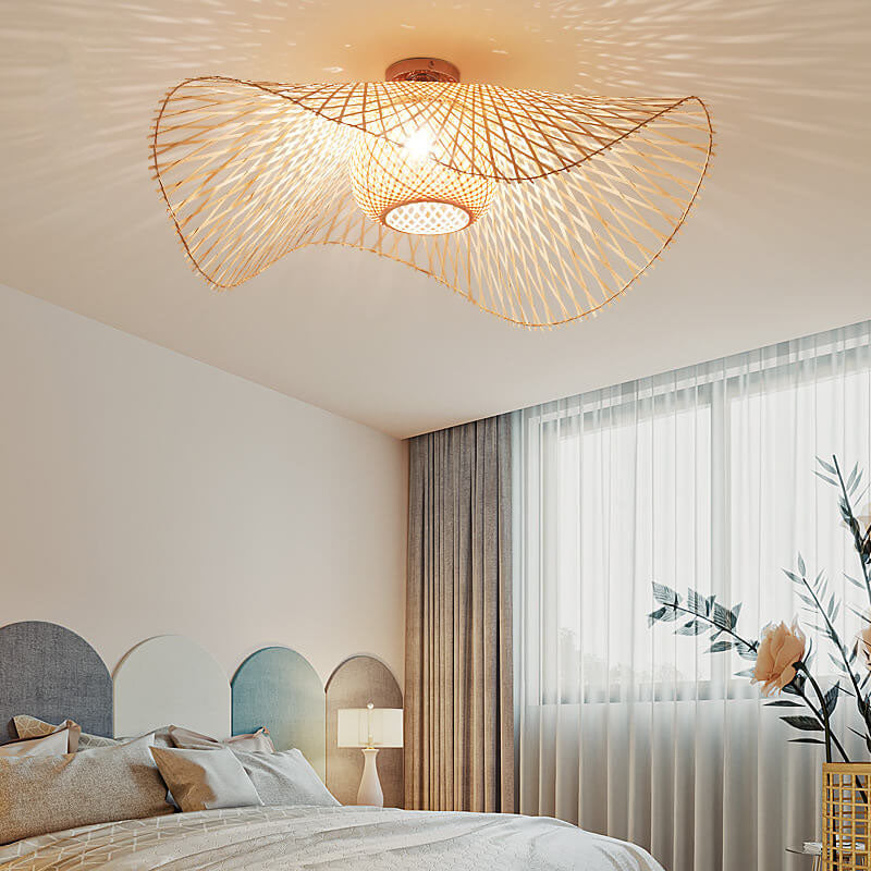 Modern Bamboo Weaving 1-Light Japanese Elements Flush Mount Lighting Lumendat
