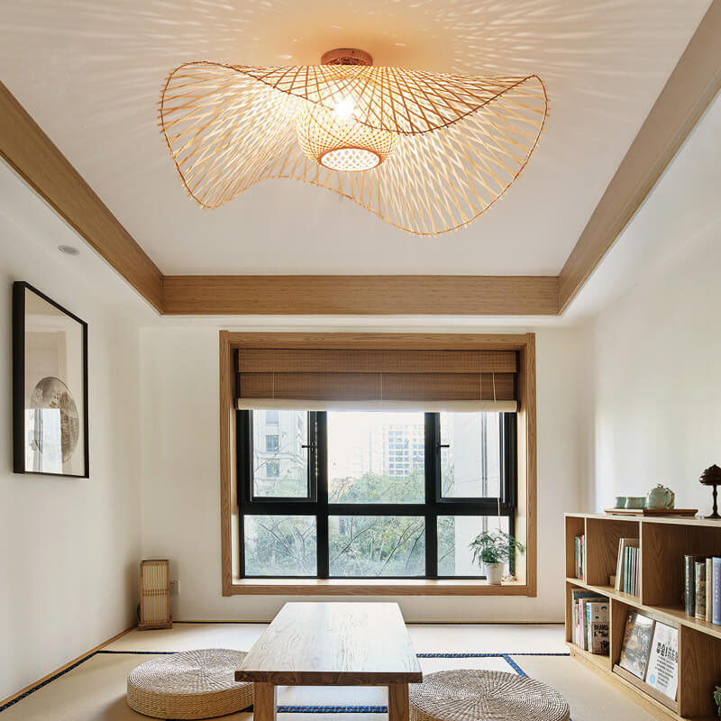 Modern Bamboo Weaving 1-Light Japanese Elements Flush Mount Lighting Lumendat