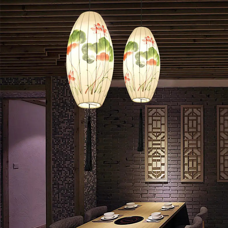 Oriental Antique Handmade Oval Lantern Fabric 1-light Pendant Light modern luxury lighting fixture